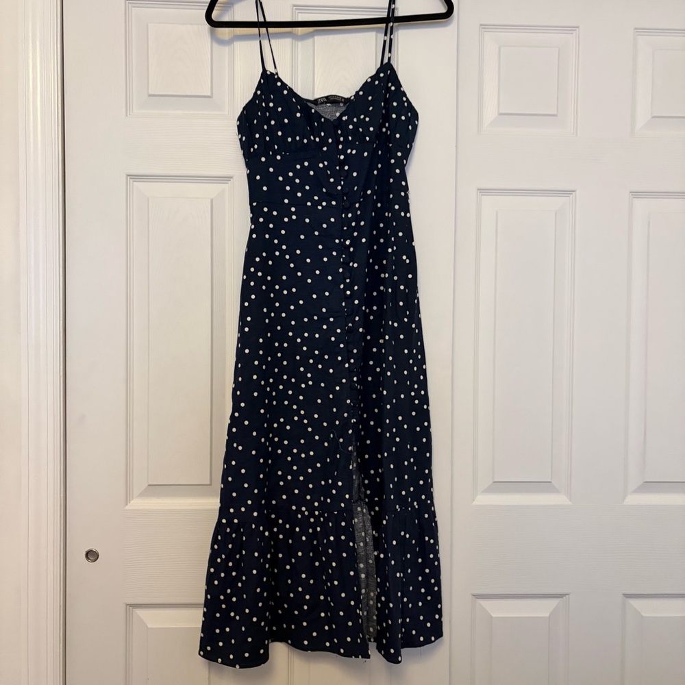 Zara Navy and White Polka Dot Maxi Slip Dress